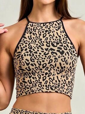 ANWND Leopard Print Ribbed Halter Crop Top Tan Black